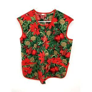 Vintage Cotton Blend Sleeveless Apron Top Front Snap Holiday Print L